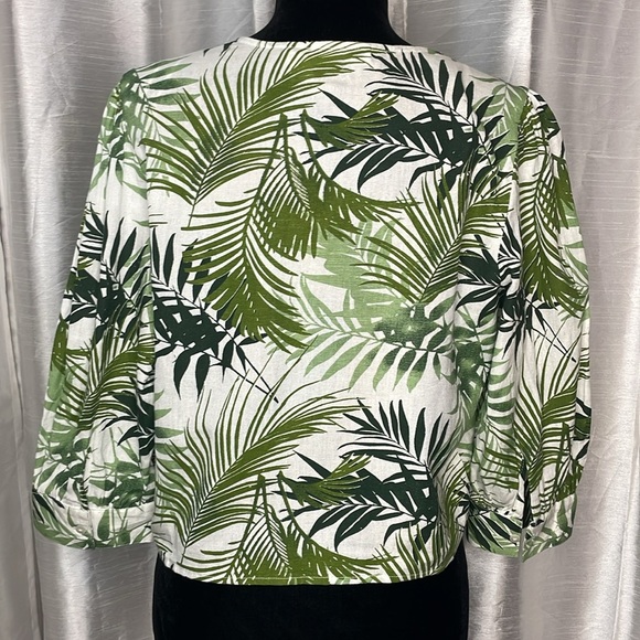 Midnight Sky Women’s Large Linen Blend Tropical Green White Tie Front Top - Picture 3 of 8
